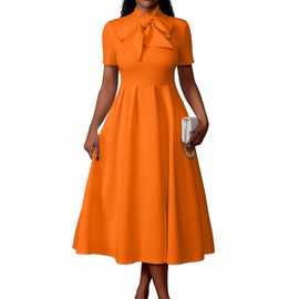 Memoriesea Women's Elegant Casual Short Sleeve Work Party A-Line Dress with Pockets Orange