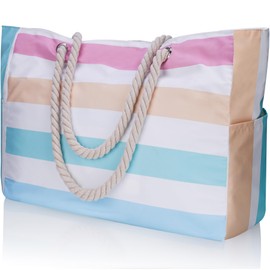 Stylish Waterproof Beach Tote Bag for Women, Large Capacity Zipper Closure with Rope Shoulder Straps, Versatile for Beach, Travel, Outdoors, Durable 600D Polyester Summer Fashion (Macaron Stripes)