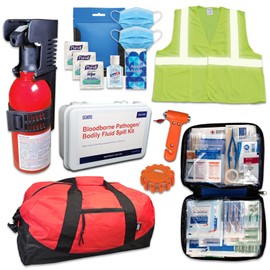 Rideshare Safety Kit - Recommended for all rideshare, car service, and taxi drivers to help keep occupants safe and healthy, with a fluid spill cleanup kit and PPE for sick drivers or passengers.