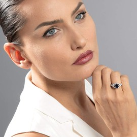 PEORA Created Blue Sapphire Lace Ring for Women 925 Sterling Silver, 1.75 Carats Oval Shape 8x6mm, Size 7, Sparkling Blue Sapphire Promise, Engagement or Anniversary Ring for Women