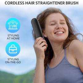 UPoetry Cordless Hair Straightener Brush – Portable Ionic Hot Comb with 65W Fast Charger, Mini Travel Hair Straightening Brush for Women, Lightweight for On-The-Go Styling (Black)