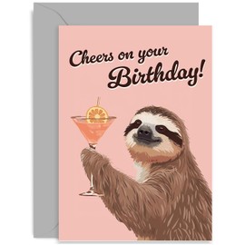 Cute Birthday Card For Men Women - 'Cheers' Cocktail Sloth - Birthday Cards For Boyfriend Girlfriend - Friends Birthday Card - Happy Birthday Card For Husband Wife Brother Sister Colleague Bestie