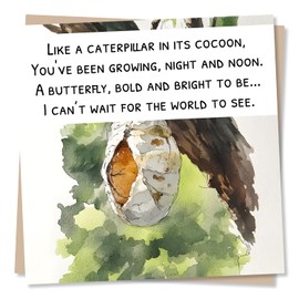 Sweet Good Luck Encouragement Card For Loved One - Caterpillar, Cocoon, Nature - I Can't Wait For The World To See - For Bestie, Friend, Relative, Sister, Brother, Son, Daughter
