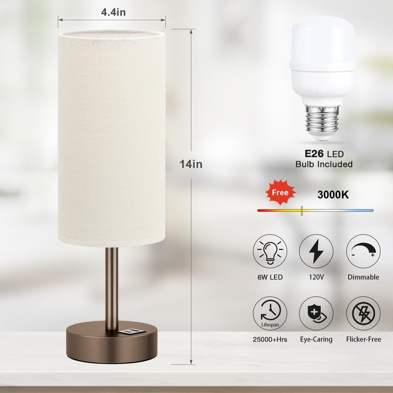 Beige Touch Table Lamp for Bedroom - 3 Way Dimmable