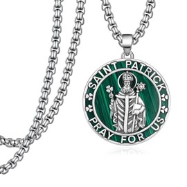 Hantuorui Saint Patrick Pendant Necklace - 925 Sterling Silver Patron Saint of Ireland Medal, Religious Jewelry & Protection Amulet for Men