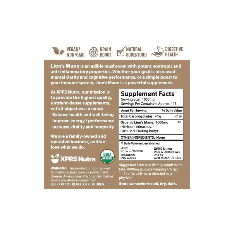Melena de León Orgánico Organic Lions Mane Mushroom Powder, 113g