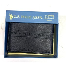 US POLO ASSN Black Leather Logo Embossed Slim Fold Wallet Men's NIB