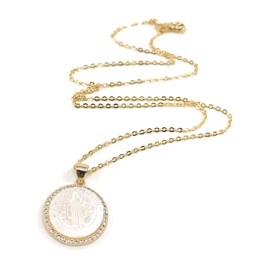 Beautiful Mother of Pearl Medalla San Benito 18k Gold Plated Chain 17 Inches