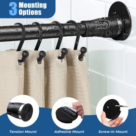 Shower Curtain Rod, 3-in-1 Installation (No Drilling, Adhesive Or Screw In Mount), Adjustable Shower Rod, Heavy Duty Rustproof Tension Rod, No Drill Curtain Rod for Bathroom, Closet, Window (Black)