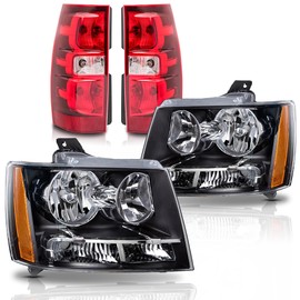ISHARINGAUTOPARTS Headlight and Tailight Assembly Compatible with 2007-2013 Chevy Avalanche + 2007-2014 Suburban 1500 2500 + 2007-2014 Tahoe,Black Amber