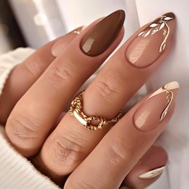 French Press on Nails Medium Almond Fake Nails with Designs Gold Glue on Nails Leaf False Nails Retro Red Acrylic Nails Glossy Artificial Nails Full Cover Stick on Nails for Coquette Women
