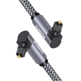 90 Degree Optical Audio Cable SOUNDFAM Double Right Angle Toslink Optical Cable 360 Degree Free-Rotating Plug Fiber Optic Cable for Home Theater, Sound Bar, TV, Grey (3.3 Feet/1M)