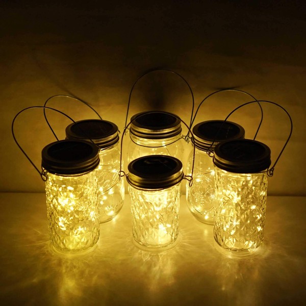 6 Pack Solar Mason Jar Lids Lights, 20 LED Waterproof Fairy Firefly String Lights with 6 Hangers (Jars Not Included), for Wedding, Outdoor, Lawn, Patio, Garden, Party, Christmas Decor (Warm White)
