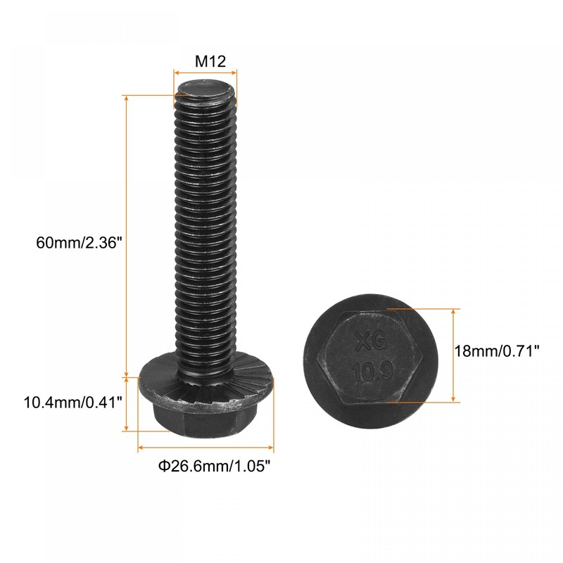sourcing map M12x60mm Hex Serrated Flange Bolts 10.9 Grade Carbon