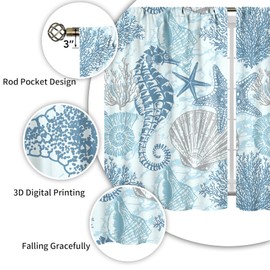 Nautical Coastal Kitchen Curtains 2 Panels Coral Blue Starfish Seashell Small Short Cafe Window Curtains Coral Beach Ocean Seahorse Underwater Bathroom Tier Window Treatment Drapes 28x39 Inch