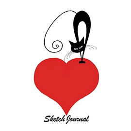  Sketch Journal: Black Cat on Heart 6x9 - Pages are LINED ON THE BOTTOM THIRD with blank space on top