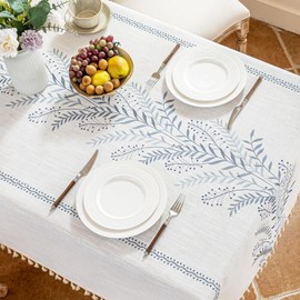 Alsoo Tablecloth Rectangle 55" x 75", Farmhouse Linen Style Table Cloth with Blue Fern Embroidery and Tassels, Heavy Weight Wrinkle & Spill Resistant Table Cover for Dining Kitchen (4-6 Seats)