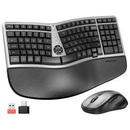 MEETION Ergonomic Wireless Keyboard and Mouse Combo, 2.4G Curved Compact Keyboard with Cushioned Palm Rest, 4 Level DPI Adjustable Wireless Mouse, for Windows/Mac/Desktop/Laptop/PC, Gray Black