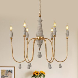 28.5" French Country Chandelier, 6-Light Farmhouse Dining Room Light Fixtures Over Table, Vintage Antique Wood Chandelier for Bedroom Kitchen Island Entryway Living Room Office