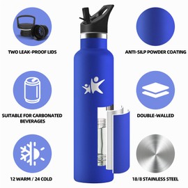 Motswedi Thermos Flask 1 L, 24 Hours Cold & 12 Hours Warm, Drinking Bottle with Straw, Leak-Proof, Stainless Steel, BPA-Free, Insulated Flask, Water Bottle, for Gym, Bike, Fitness, Royal Blue