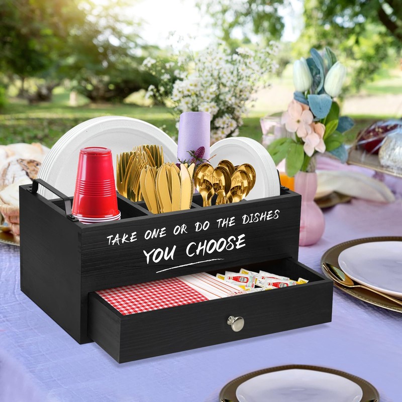 Paper Plate Dispenser with Drawer for Kitchen Countertop, Wooden Paper