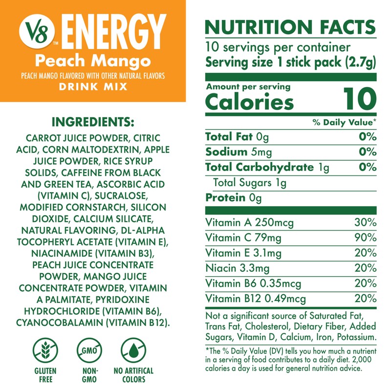 V8 Energy Peach Mango Energy Drink Powder, .10 oz Packet