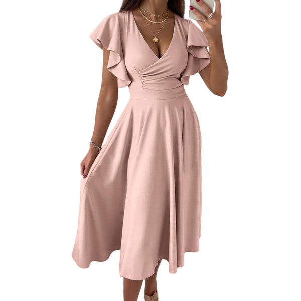 PRETTYGARDEN Women's 2024 Summer Midi Dress Ruffle Cap Sleeve V