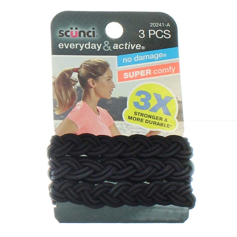 Scunci Everyday and Active 3-Strand Braided Elastics , No Damage,