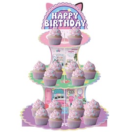 NF ORANGE 3-Tier CartoonHouse Cupcake Stand,Pink Cat Birthday Dessert Stand Rainbow House Theme Birthday Supplies