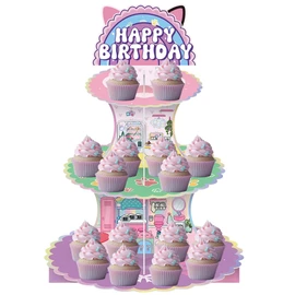 NF ORANGE 3-Tier CartoonHouse Cupcake Stand,Pink Cat Birthday Dessert Stand Rainbow House Theme Birthday Supplies