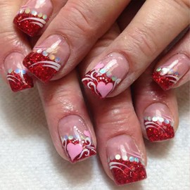 24Pcs Valentine's Day French Tip Press on Nails Short Square Pink Fake Nails with Pink Heart Design Silver Glitter False Nails Nude Glossy Full Cover Artificial Glue on Nails for Women DIY Manicure