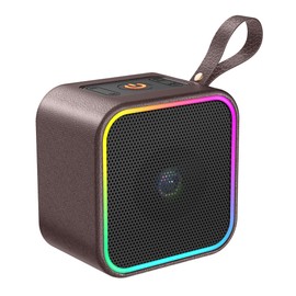 Portable Bluetooth 5.3 Speaker with Bass Amplification and Colorful LED Light, IP6 Waterproof, PU Leather Surface, Playtime up to 10 Hours, Suitable for Outdoor, Party, Camping, Travel, Brown