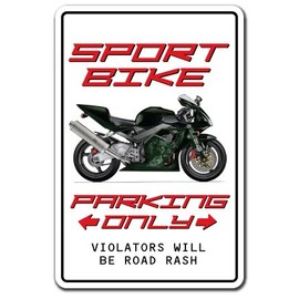 Sport Bike Parking Sign Motorcycle Cycle Rider Biker Helmet | Indoor/Outdoor | 14" Tall Plastic Sign