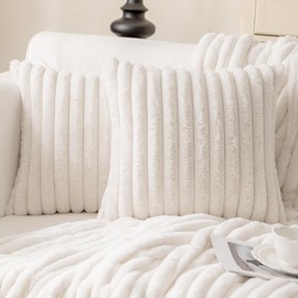 Mosayt 20x20 Double Faux Fur Plush Throw Pillow Covers Set of 2, Soft Fluffy Luxury Striped Decorative Pillow Covers for Sofa, Couch, Living Room(Cream White)