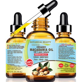 Botanical Beauty ORGANIC MACADAMIA OIL 100% Pure Natural VIRGIN UNREFINED Cold-Pressed Carrier Oil 2 Fl oz 60 ml for Face, Skin, Body, Hair, Lip, Nails. Rich in Vitamin E