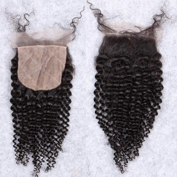 Afro Kinky Curly Silk Closure 4"x4" Silk Base Lace Human Hair Top Full Closure Piece Hidden Knots Free Part Brazilian Remy Hair 18"inch Natural Black