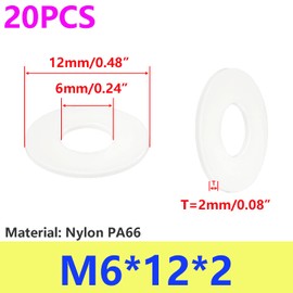 Qrity Pack of 20 Nylon Flat Washing Machines M6, 6 mm ID 12 mm OD 2 mm Thickness, Insulation Washers, Plastic Washers