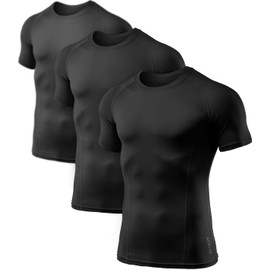 ATHLIO Men's 3-Pack Cool Dry Compression Shirts, Short Sleeve Sports Baselayer T-Shirts, Athletic Workout Tops, Black, Large