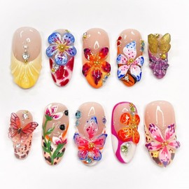 24Pcs Flower Press on Nails Medium Almond Handmade Fake Nails with 3D Colorful Butterfly Gems Design Hawaii French Tip False Nails Full Cover Artificial Glue on Nails Summer Stick on Nails for Women