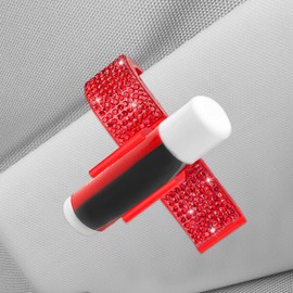 I3DIDEA Elegant Rhinestone Chapstick Holder for Car 1 Pack Bling Car Accessories for Women, Sun Visor Lip Balm Organizer with Multi-Color Crystals (Red)