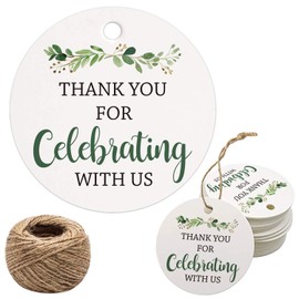 Thank You for Celebrating with Us Tags, 100Pcs Greenery Thank You Tags for Wedding Birthday Baby Shower Party Favors, Paper Gift Tags with 100 Feet Jute String