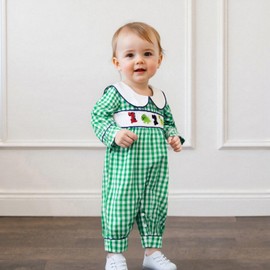 Mieeyali Toddler Baby Boy Fall Clothes Dinosaur Gingham Collared Jumpsuit Romper Long Sleeve One Piece Outfits (Green, 12-18 Months)