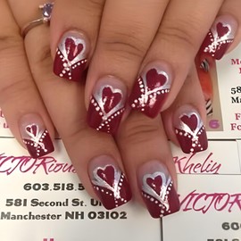 Valentines Press on Nails Medium Square Fake Nails Dark Red False Nails with Sliver Glitter Designs Heart Glossy Stick on Nails Glue on Nails Valentines Nails Acrylic Nails for Women Girls 24 Pcs