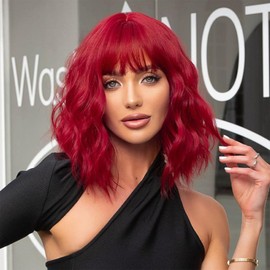 PHOENIXFLY Red Wavy Wigs With Bangs Short Bob Wavy Wigs for Women Curly Synthetic Wig Wavy Cosplay Wig for Girls Daily Use Colorful Wigs(14 Inch) (Red)