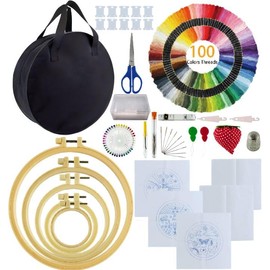 SusggO 207-teiliges Stickerei-Set für Anfänger, mit Videotutorial, Stickerei-Set für Kleidung, 5 Rahmen, bestickte Ringe, Baumwollstoffe, 100 Fäden, 35 Nadeln, Zubehör, Tasche, bestickt, Kreuzstich