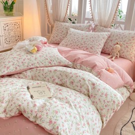 Freyamy Flower Bed Linen 155 x 220 cm 2-Piece White Green Pink Floral Girls Reversible Bedding Sets 100% Microfibre Floral Pattern Duvet Cover with Zip and Pillowcase 80 x 80 cm