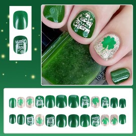24Pcs St. Patrick's Day Press on Nails Short Square Fake Nails with Lucky Clover Design Glue on Nails Shamrock False Nails Gold Glitter Full Cover Stick on Nails Green Short Acrylic Nails for Women