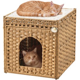 SETVSON Cat Beds for Indoor Cats Cat Bed Cave, Cat Cave Double Cat Bed, Handwoven Rattan Cat Houses, Large Cat Bed, Cave Cat Bed Covered with Double-Sided Soft Cushions, Foldable Cat Hideaway Natural