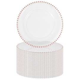 FXKS 24 PCS Clear Round Charger Plates with Beaded Rim, 13 Inch Plastic Acrylic Plate, Plastic Round Beaded Dinner Decorative Service Plates for Wedding Party Event, Home Kitchen Tabletop(Pink)