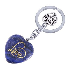 KYEYGWO Healing Crystal Heart Key Ring with Love Carved, Tree of Life Key Ring Decorative Heart Shape Stone Bag Pendant Body Pendant for Men and Women, blue